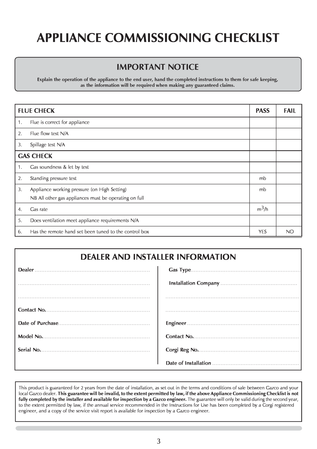 Stovax PR0731 manual Appliance Commissioning Checklist, IMPORTaNT NOTICE, Dealer And Installer Information 